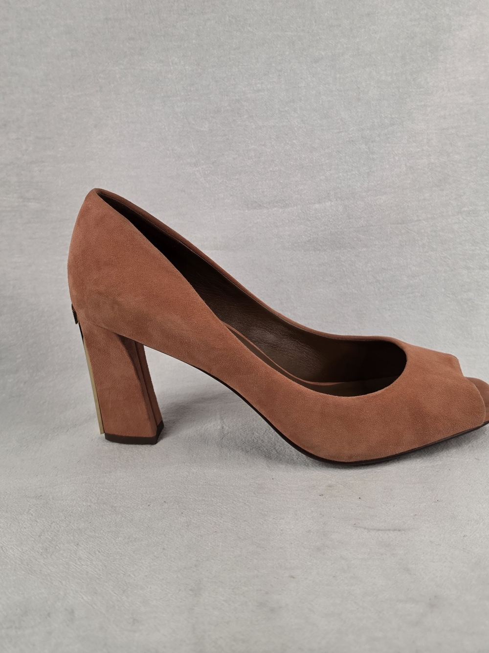 Tory Burch Tan Suede T-Heel Peep-Toe Pumps Gold Architectural Heel 9.5M